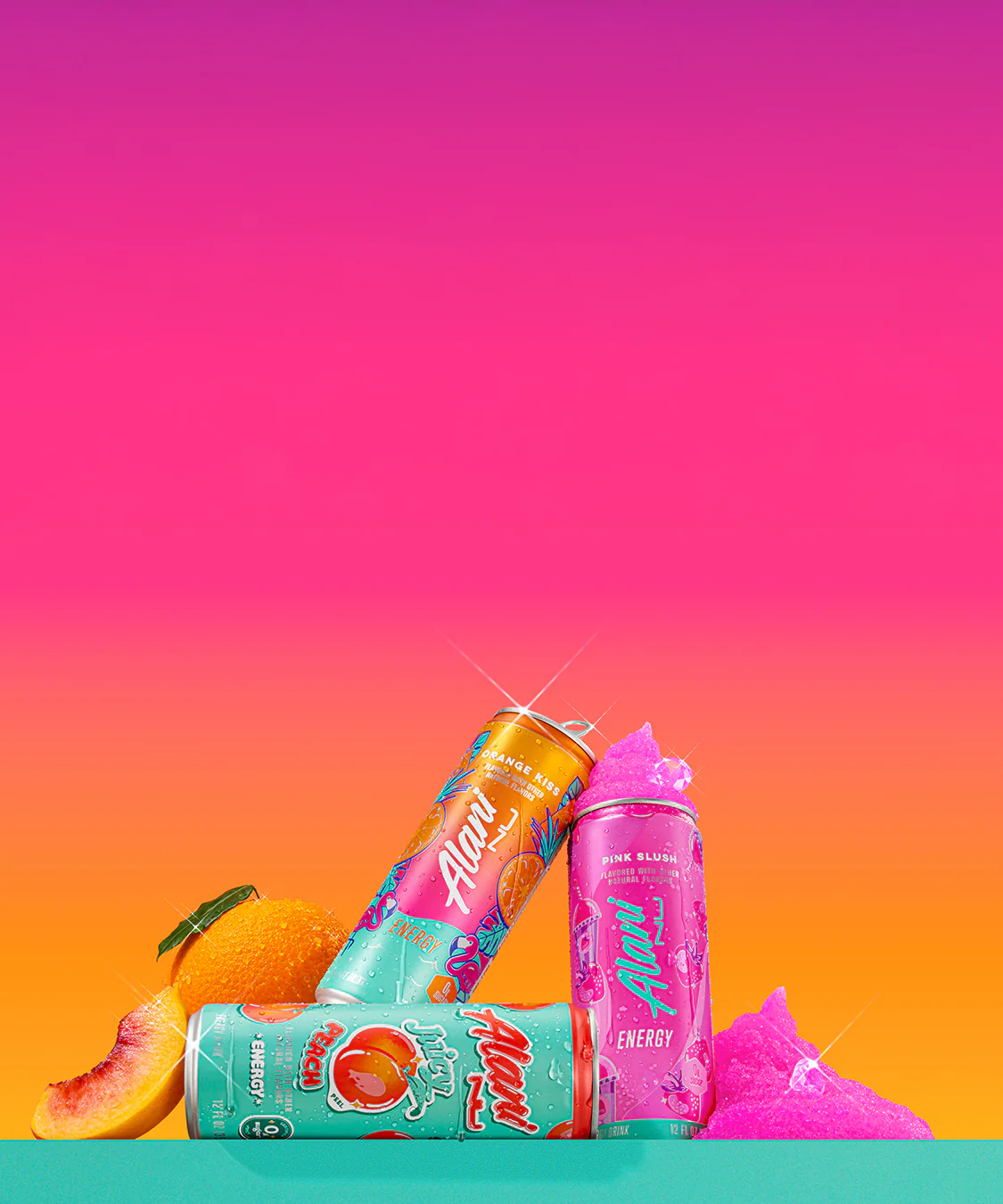 Three colorful energy drink cans are displayed with an orange and peach, against a vibrant pink and orange gradient background.